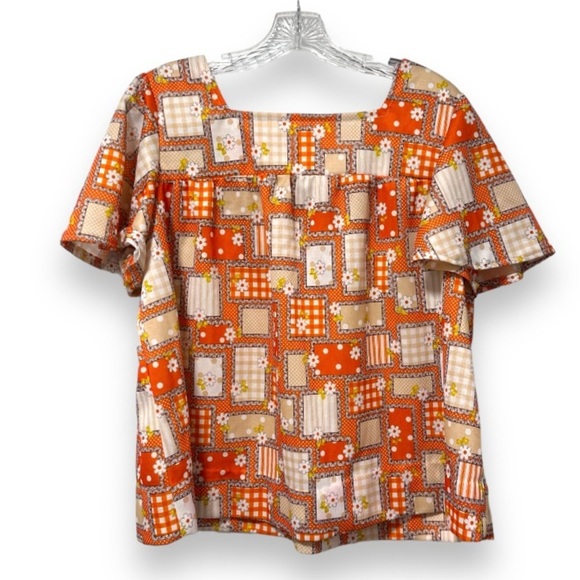 Vintage 60s/70s Orange Floral Short Sleeve Top Retro Boxy Women’s Size XL Boho - Picture 2 of 16